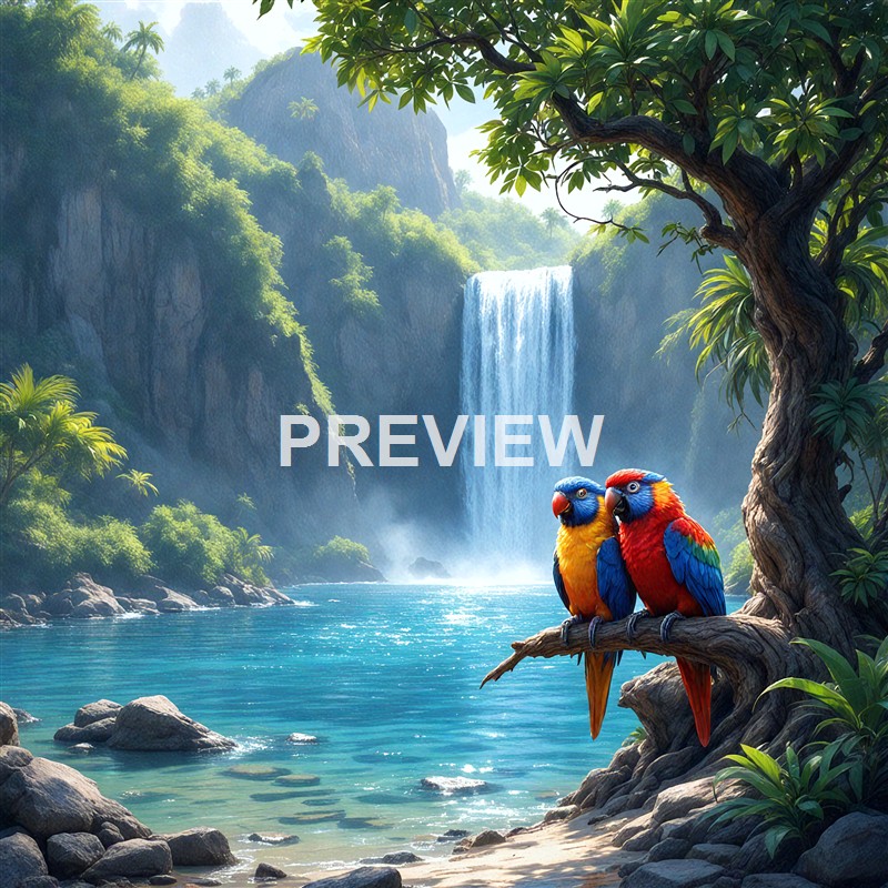 Two colorful parrots are perched on a branch near a lush tree, overlooking a serene river with a waterfall in the background, surrounded by dense green foliage and mountainous terrain.